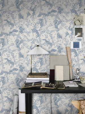 Dancing Crane wallpaper in Ink Blue / Ivory by Natty & Polly, styled in an interior