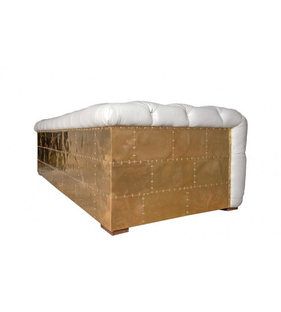 Regal Aviator Spitfire Polished Brass and White Leather Chesterfield Lounge - 3 seat, Cocolea, , ,