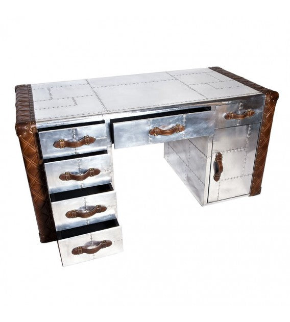 Piper Aztec Aluminium and Brown Leather Desk, Cocolea, , ,