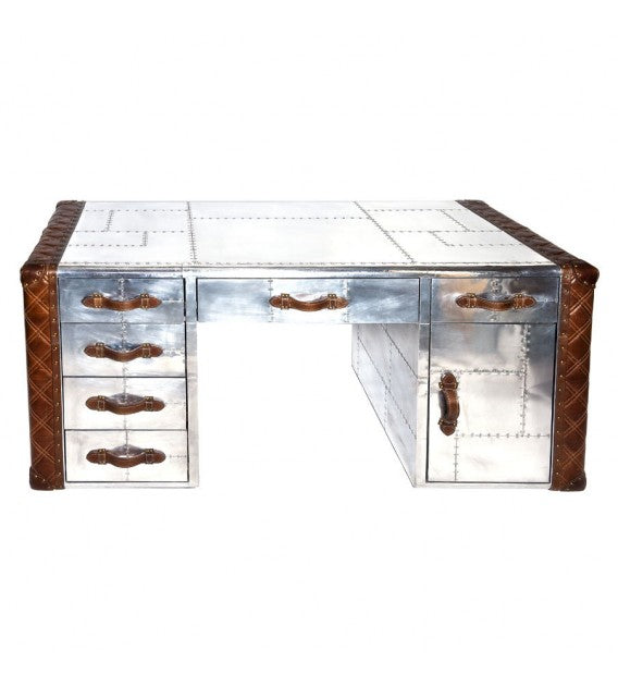 Piper Aztec Aluminium and Brown Leather Desk, Cocolea, , ,