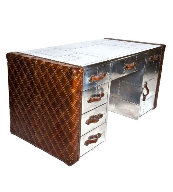 Piper Aztec Aluminium and Brown Leather Desk, Cocolea, , ,