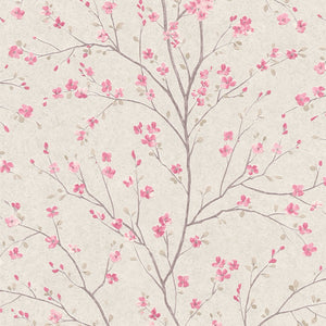 Cherry Tree wallpaper in White / Pink by Natty & Polly, full pattern view