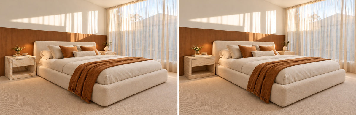 Evalina bedside table in Calacatta marble and travertine, side-by-side bedroom comparison