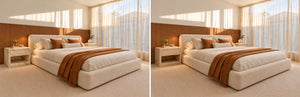 Evalina bedside table in Calacatta marble and travertine, side-by-side bedroom comparison