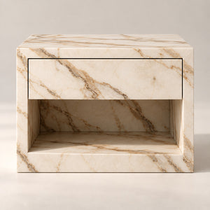 Front view of the Evalina marble bedside table with push-to-open drawer and open shelf