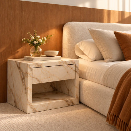 Evalina Marble & Travertine Bedside Table, Cocolea, Calacatta Marble, Solid Stone,