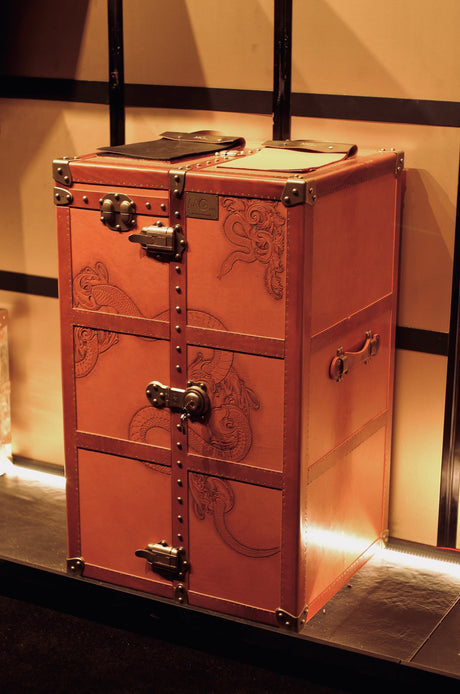 MG Serpent Carved Leather Wardrobe Trunk by Gordon Gu, MG Art collection at Cocolea