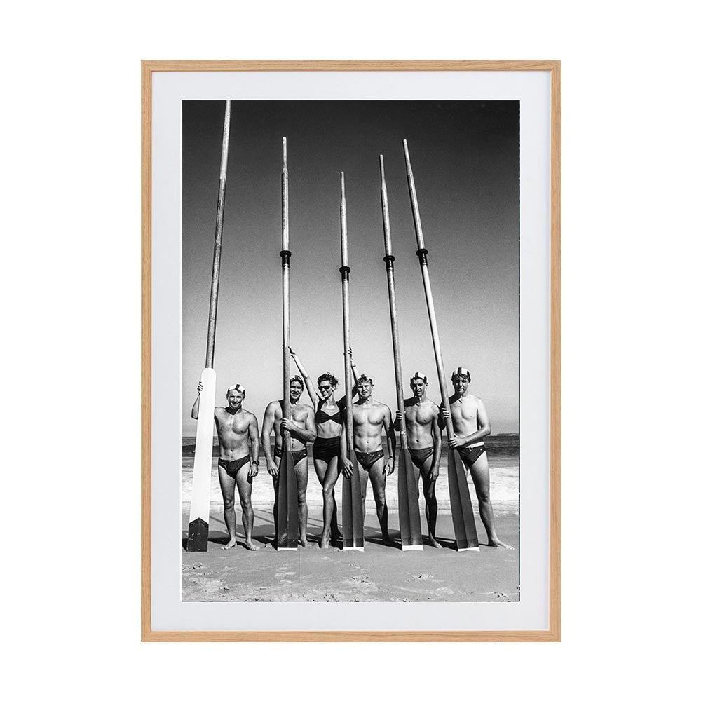Surfboat Crew With Oars by Tony Potts | Framed Art Print, Fine Print Co, 500 x 760 mm, Photographic Paper, Scandi Frame