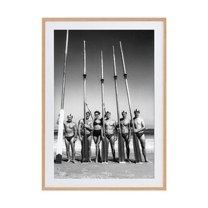 Surfboat Crew With Oars by Tony Potts | Framed Art Print, Fine Print Co, 500 x 760 mm, Photographic Paper, Scandi Frame