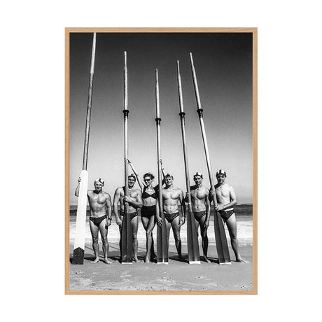 Surfboat Crew With Oars by Tony Potts | Framed Art Print, Fine Print Co, 500 x 760 mm, Canvas, Scandi Frame