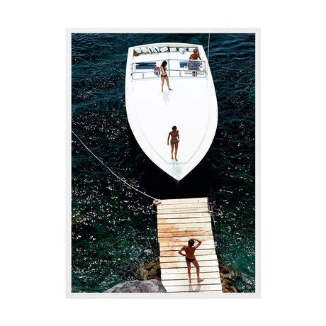 Speedboat Landing by Slim Aarons | Framed Photographic Print, Fine Print Co, 490 x 730 mm, Canvas, White Frame