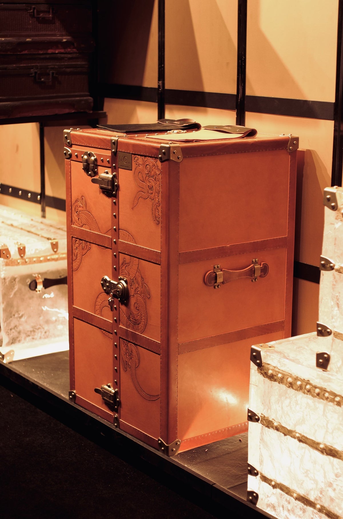 MG Serpent Carved Leather Wardrobe Trunk by Gordon Gu, MG Art collection at Cocolea