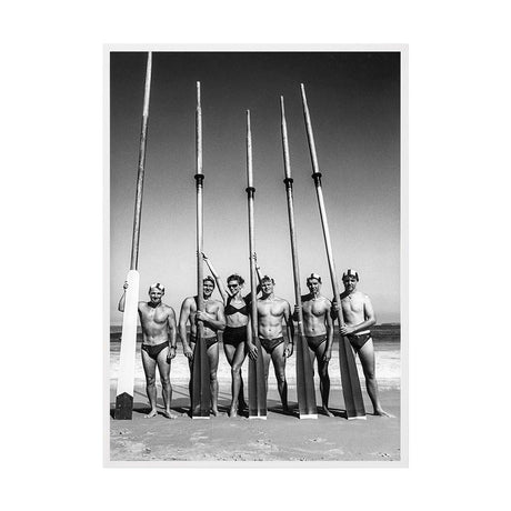 Surfboat Crew With Oars by Tony Potts | Framed Art Print, Fine Print Co, 500 x 760 mm, Canvas, White Frame