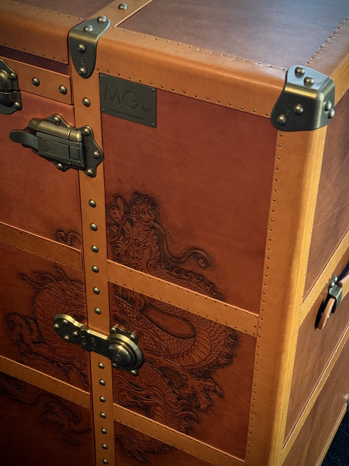 MG Dragon Carved Leather Wardrobe Trunk by Gordon Gu, MG Art collection at Cocolea