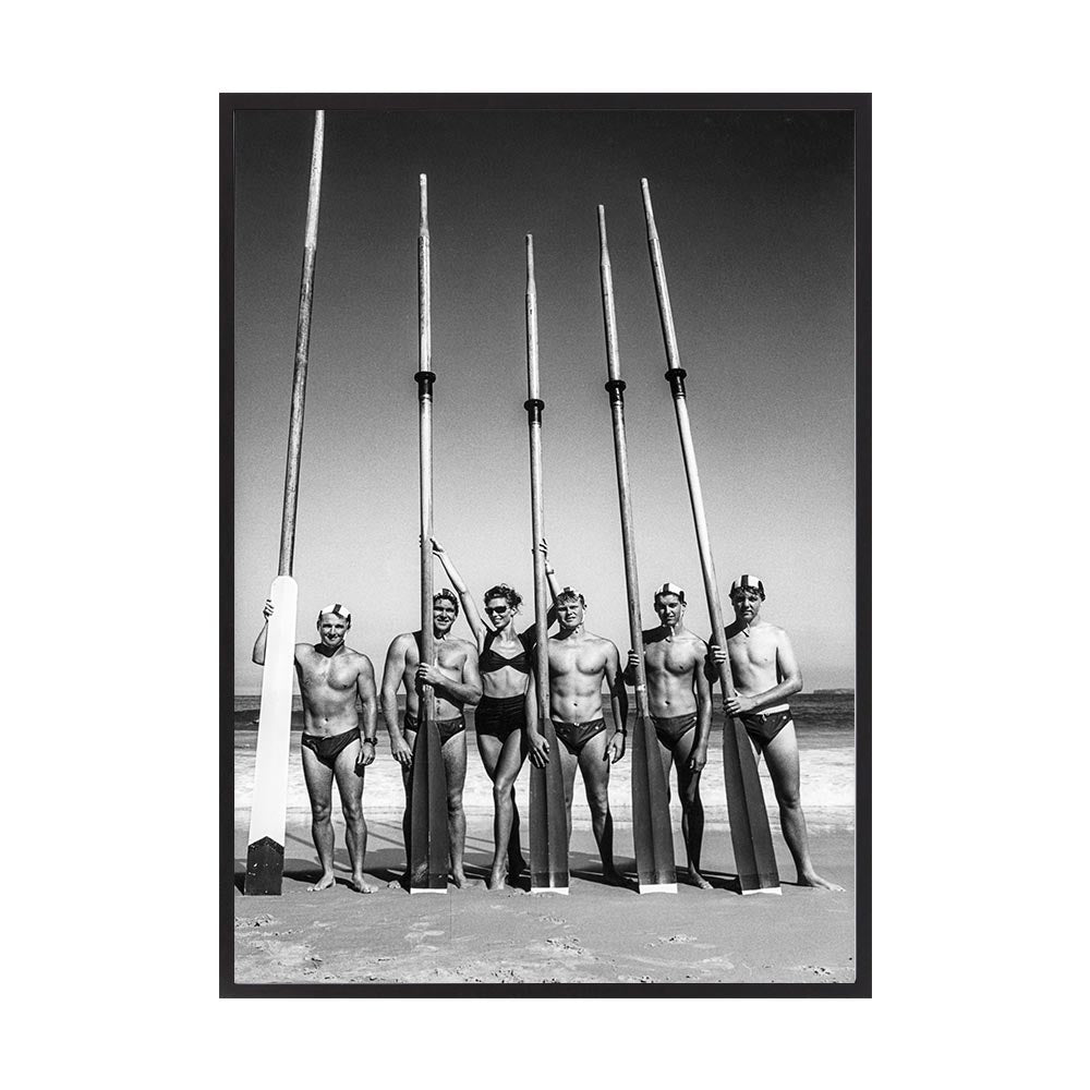 Surfboat Crew With Oars by Tony Potts | Framed Art Print, Fine Print Co, 500 x 760 mm, Canvas, Black Frame
