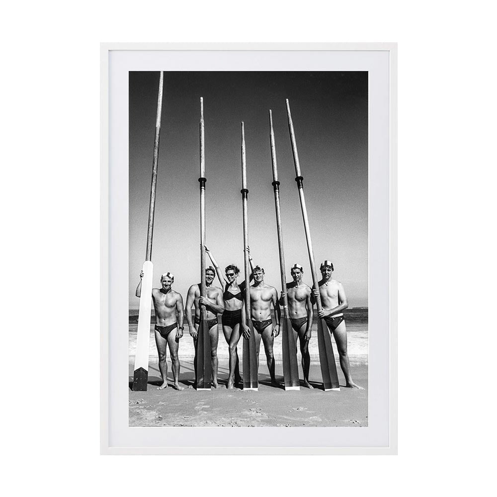 Surfboat Crew With Oars by Tony Potts | Framed Art Print, Fine Print Co, 500 x 760 mm, Photographic Paper, White Frame