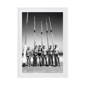 Surfboat Crew With Oars by Tony Potts | Framed Art Print, Fine Print Co, 500 x 760 mm, Photographic Paper, White Frame