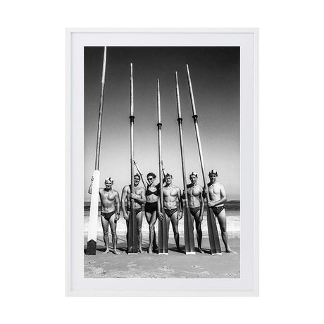 Surfboat Crew With Oars by Tony Potts | Framed Art Print, Fine Print Co, 500 x 760 mm, Photographic Paper, White Frame