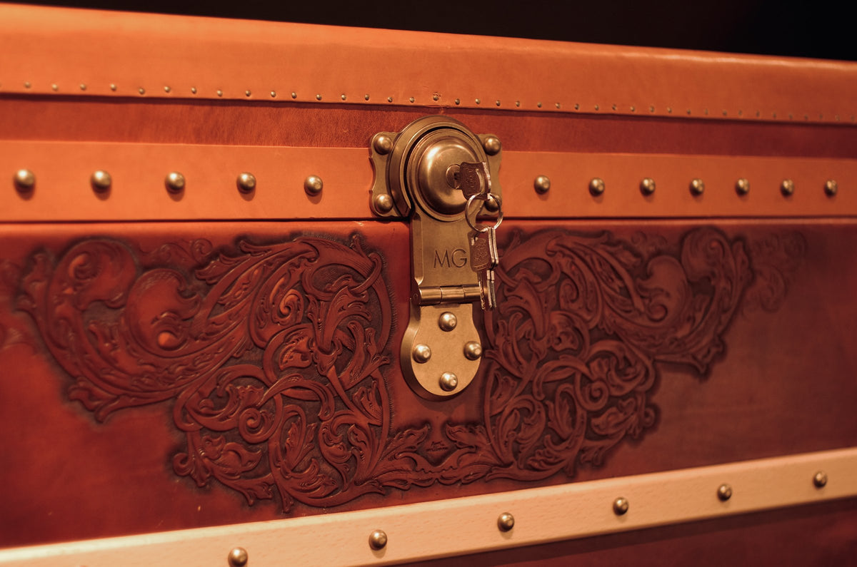 MG Florelle Carved Leather Trunk Console by Gordon Gu, MG Art collection at Cocolea