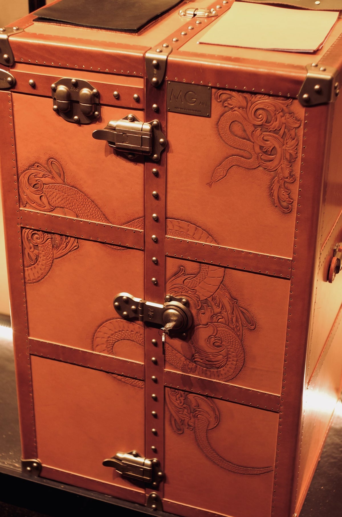 MG Serpent Carved Leather Wardrobe Trunk by Gordon Gu, MG Art collection at Cocolea