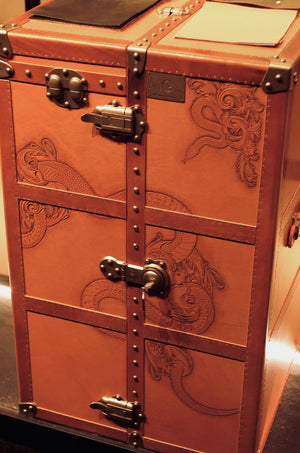 MG Serpent Carved Leather Wardrobe Trunk by Gordon Gu, MG Art collection at Cocolea