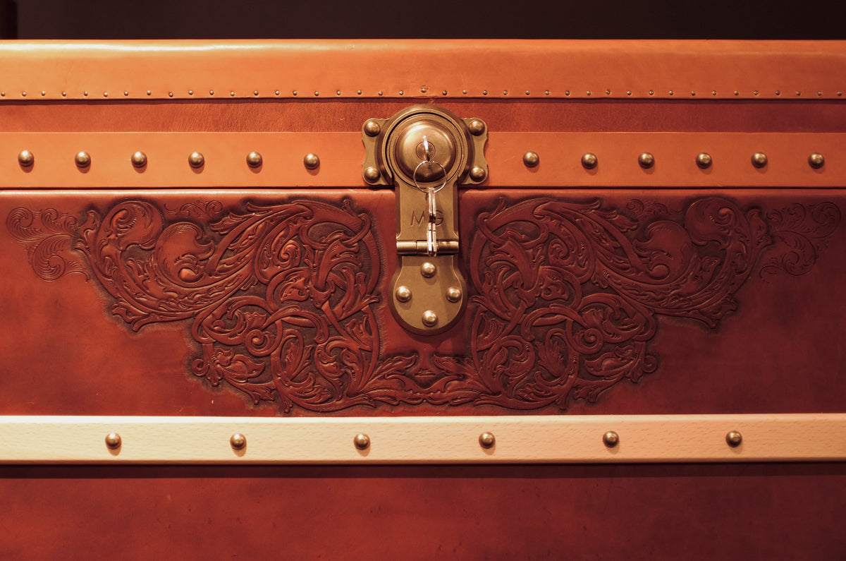 MG Florelle Carved Leather Trunk Console by Gordon Gu, MG Art collection at Cocolea
