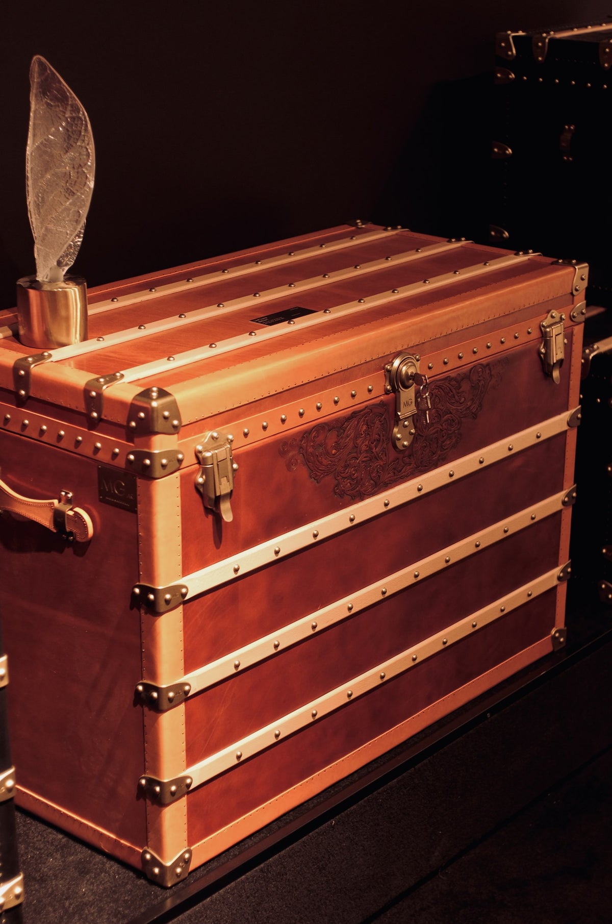 MG Florelle Carved Leather Trunk Console by Gordon Gu, MG Art collection at Cocolea