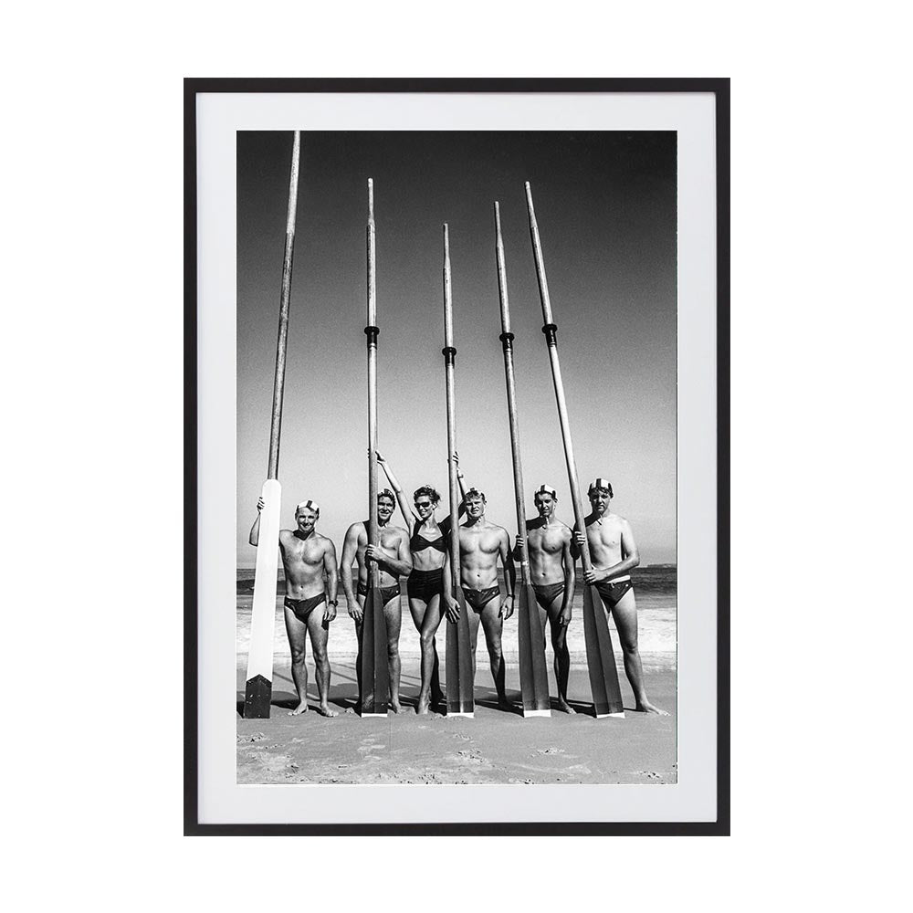 Surfboat Crew With Oars by Tony Potts | Framed Art Print, Fine Print Co, 500 x 760 mm, Photographic Paper, Black Frame