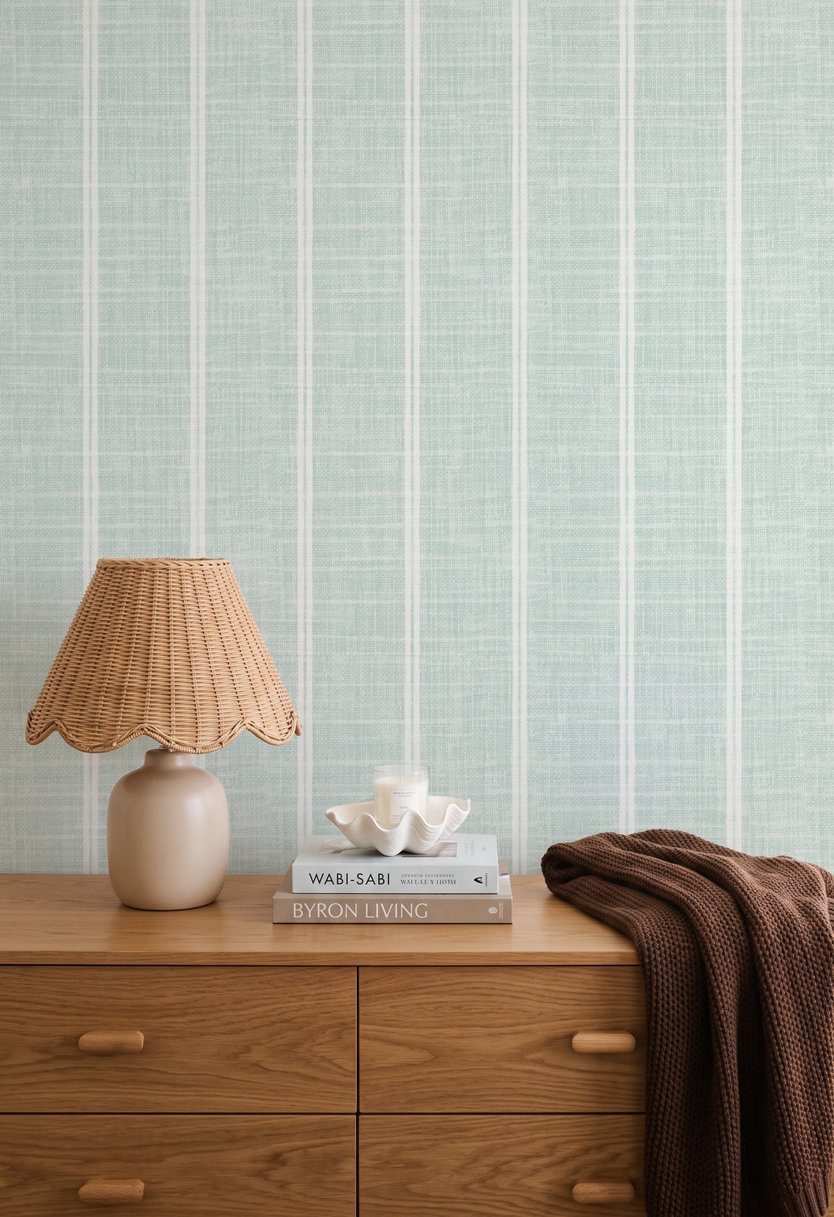 Linen Double Stripe wallpaper in Mist Blue by Olive et Oriel