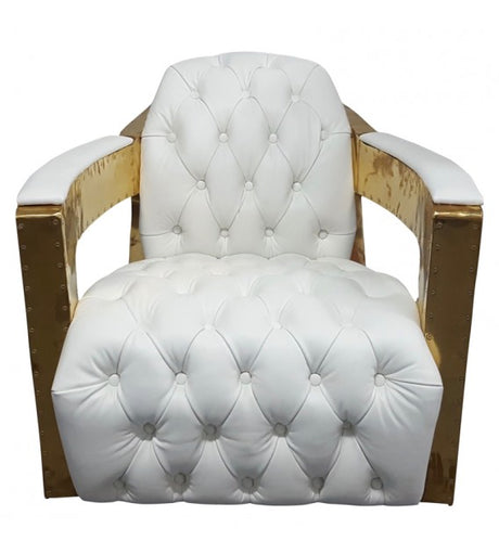 Regal Aviator Polished Brass and White Leather Chesterfield Club Armchair, Cocolea, , ,