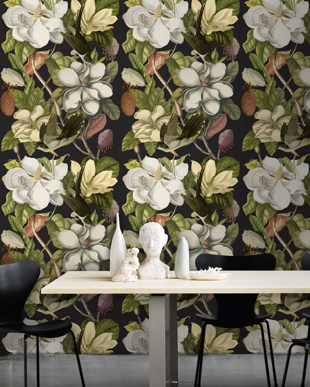 Magnolia wallpaper in Night by Natty & Polly, styled in an interior