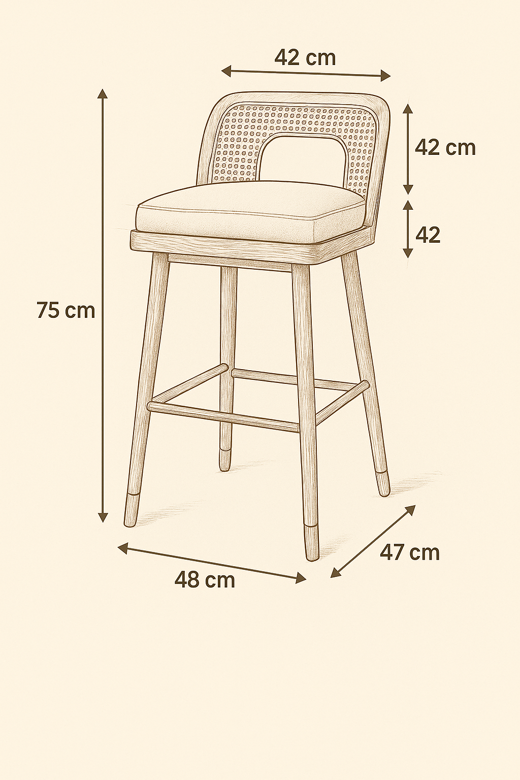 Vienna Cane Bar Stool — Solid Ash, Rattan & Brass