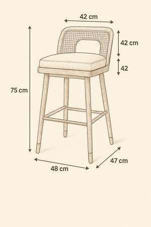 Vienna Cane Bar Stool — Solid Ash, Rattan & Brass