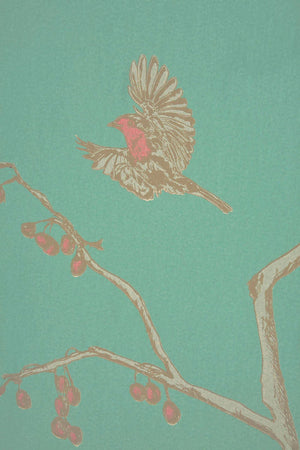 The English Robin wallpaper in Jade by Natty & Polly, styled in an interior