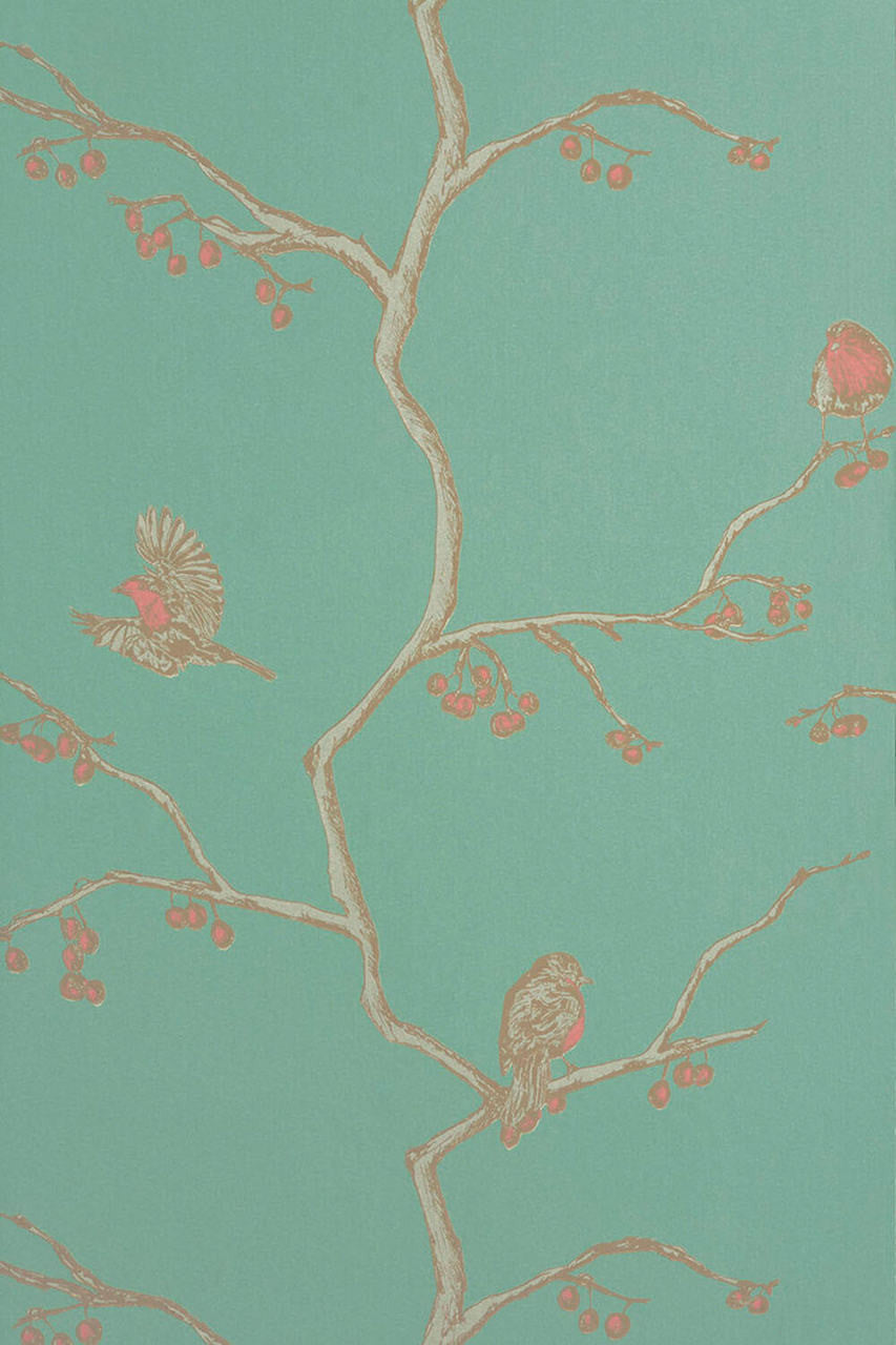 The English Robin wallpaper in Jade by Natty & Polly, styled in an interior