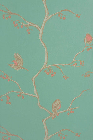 The English Robin wallpaper in Jade by Natty & Polly, styled in an interior