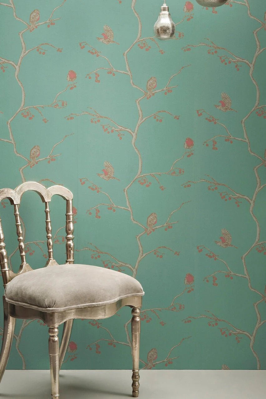 The English Robin wallpaper in Jade by Natty & Polly, styled in an interior