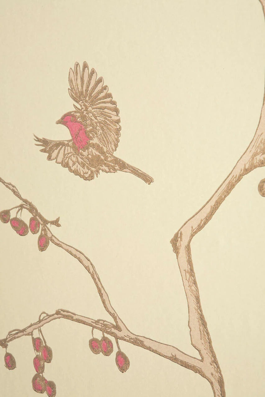 The English Robin wallpaper in Parchment by Natty & Polly, styled in an interior