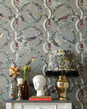 Countesse's Aviarium wallpaper in Neutral by Natty & Polly, styled in an interior