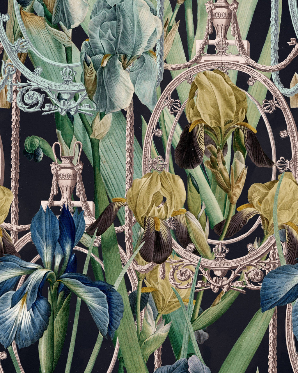 Fleurs d'Iris wallpaper in Dark by Natty & Polly, full pattern view