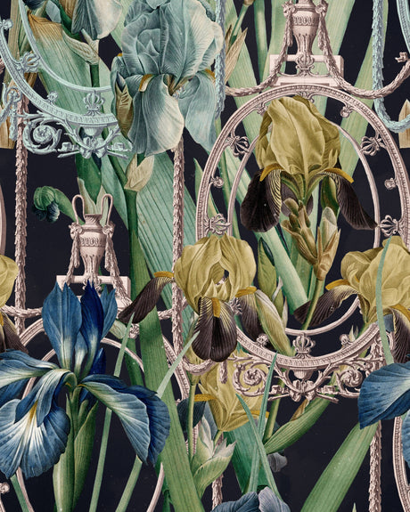 Fleurs d'Iris wallpaper in Dark by Natty & Polly, full pattern view