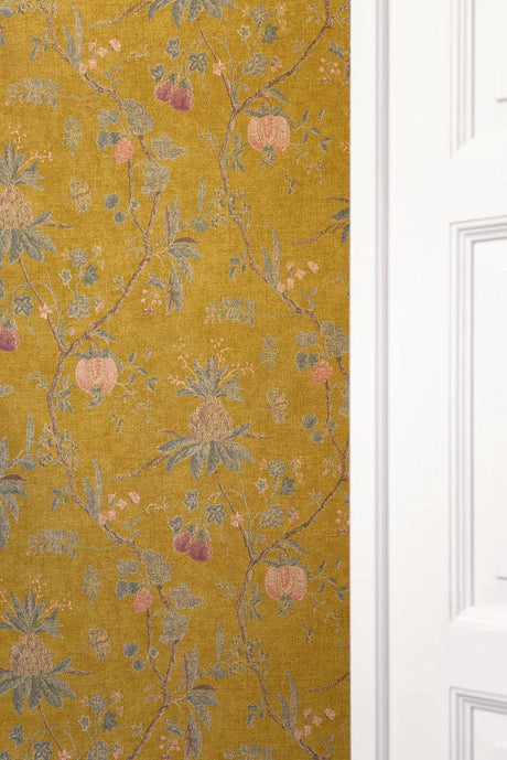 Baum wallpaper in Vintage Yellow by Natty & Polly, styled in an interior